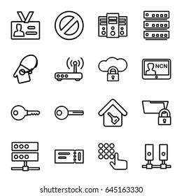 Access icons set. set of 16 access outline icons such as ticket, badge, home key, key, home key tag, router, hand on atm, server, cloud protection, folder protection