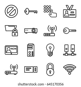 Access icons set. set of 16 access outline icons such as ticket, lock, badge, key, router, wi-fi, hand on atm, server, folder protection, prohibited