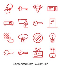 Access icons set. set of 16 access outline icons such as ticket, key, badge, home key tag, vip door, wi-fi, router, lock, hand on atm, cloud protection, folder protection