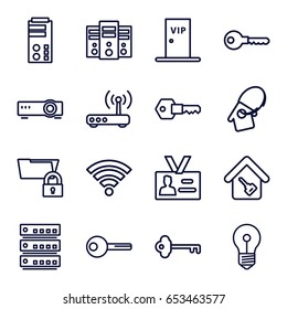 Access icons set. set of 16 access outline icons such as key, badge, home key, home key tag, vip door, router, wi-fi, server, folder protection