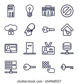 Access icons set. set of 16 access outline icons such as badge, home key, key, home key tag, vip door, hand on atm, server, cloud protection, prohibited