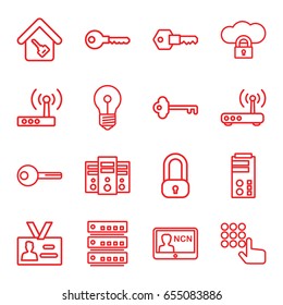 Access icons set. set of 16 access outline icons such as key, badge, home key, router, lock, hand on atm, cloud protection, server