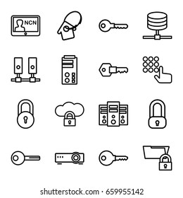 Access icons set. set of 16 access outline icons such as lock, key, home key tag, badge, router, hand on atm, server, cloud protection