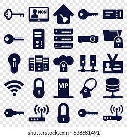Access icons set. set of 25 access filled icons such as ticket, lock, key, badge, home key, home key tag, vip door, router, wi-fi, keyhole, server, cloud protection
