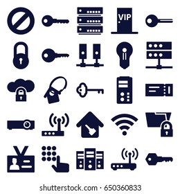 Access icons set. set of 25 access filled icons such as ticket, lock, key, badge, home key, home key tag, vip door, router, wi-fi, keyhole, hand on atm, server