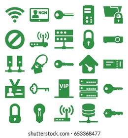 Access icons set. set of 25 access filled icons such as ticket, lock, key, badge, home key, home key tag, vip door, router, wi-fi, keyhole, server, folder protection