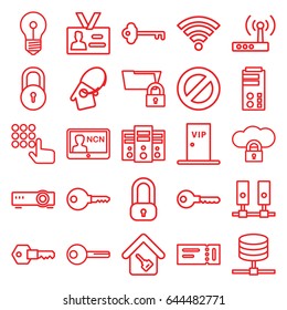 Access icons set. set of 25 access outline icons such as ticket, lock, key, badge, home key, home key tag, vip door, wi-fi, router, hand on atm, server, cloud protection