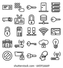 Access icons set. set of 25 access outline icons such as ticket, lock, key, badge, home key tag, vip door, router, wi-fi, hand on atm, server, cloud protection
