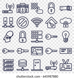 Access icons set. set of 25 access outline icons such as ticket, lock, key, badge, home key, home key tag, vip door, router, wi-fi, hand on atm, server, cloud protection