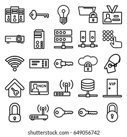 Access icons set. set of 25 access outline icons such as ticket, lock, key, badge, home key, home key tag, vip door, router, wi-fi, hand on atm, server, cloud protection