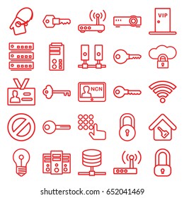 Access icons set. set of 25 access outline icons such as lock, key, badge, home key, home key tag, vip door, router, wi-fi, hand on atm, server, cloud protection, prohibited