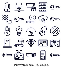 Access icons set. set of 25 access outline icons such as lock, key, badge, home key, home key tag, vip door, router, wi-fi, hand on atm, server, cloud protection
