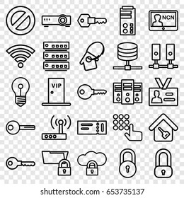 Access icons set. set of 25 access outline icons such as ticket, lock, key, badge, home key, home key tag, vip door, wi-fi, router, hand on atm, server, cloud protection