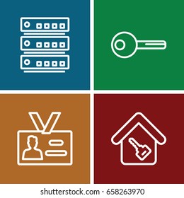 Access icons set. set of 4 access outline icons such as badge, home key, key