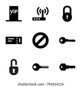 Access icons. set of 9 editable filled access icons such as ticket, lock, key, prohibited, vip door