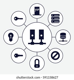 access icons set. Set of 9 access filled icons such as key, vip door, keyhole, lock, server