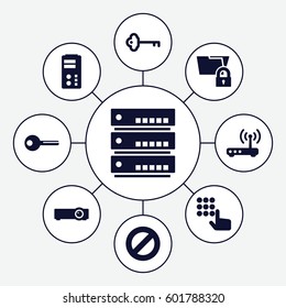access icons set. Set of 9 access filled icons such as key, router, hand on atm, server, folder protection
