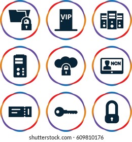 Access icons set. set of 9 access filled icons such as ticket, key, vip door, badge, lock, cloud protection, server