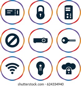 Access icons set. set of 9 access filled icons such as ticket, lock, key, wi-fi, router, keyhole, cloud protection, server