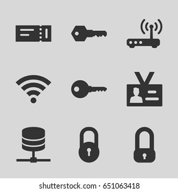 Access icons set. set of 9 access filled icons such as ticket, lock, badge, key, router, wi-fi