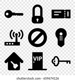 Access icons set. set of 9 access filled icons such as ticket, key, home key, vip door, router, keyhole, lock