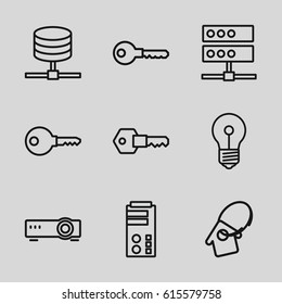 Access icons set. set of 9 access outline icons such as key, home key tag, router, server