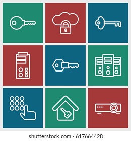 Access icons set. set of 9 access outline icons such as home key, key, router, hand on atm, cloud protection