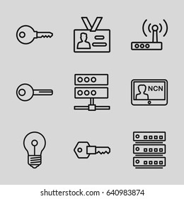 Access icons set. set of 9 access outline icons such as badge, key, router, server
