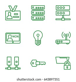 Access icons set. set of 9 access outline icons such as badge, key, router, server, folder protection