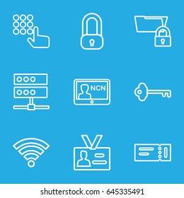 Access icons set. set of 9 access outline icons such as ticket, badge, wi-fi, key, lock, hand on atm, server