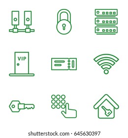 Access icons set. set of 9 access outline icons such as ticket, lock, home key, key, vip door, wi-fi, hand on atm