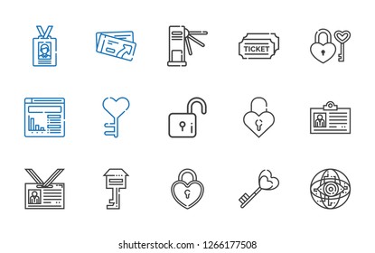 access icons set. Collection of access with internet, key, padlock, id card, lock, website, tickets, turnstiles, ticket. Editable and scalable access icons.