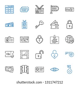 access icons set. Collection of access with key, security, id card, turnstiles, ticket, padlock, lock, internet, website, tickets, boarding pass. Editable and scalable access icons.