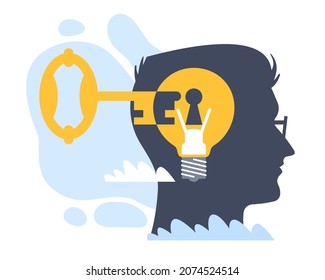 Access To Ideas. Key Opening Mans Head. Silhouette Male Profile And Light Bulb With Keyhole. Stealing Secrets And Solutions. Intellectual Property. Mind Opportunities. Vector Concept