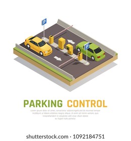 Access identification isometric composition with images of closed gate arms and cars with automatic paygate terminals vector illustration