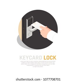 Access identification isometric composition of key card in human hand with guest room door handle sensor vector illustration