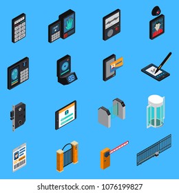 Access identification isometric icons, id card, biometric authentication, electronic signature, combination lock, blue background isolated vector illustration  