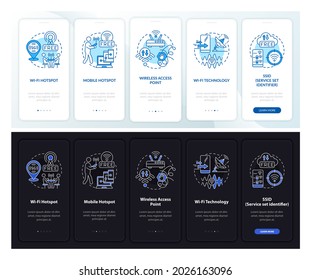 Access to internet dark, light onboarding mobile app page screen. Walkthrough 5 steps graphic instructions with concepts. UI, UX, GUI vector template with linear night and day mode illustrations