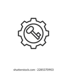 Access key line icon. Password generation linear style sign for mobile concept and web design. Key and Gear outline vector icon. Symbol, logo illustration. Vector graphics