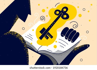 Access to knowledge, intelligence, education concept. Student holding open book with magic golden key meaning chance to unlock wisdom in studying vector illustration