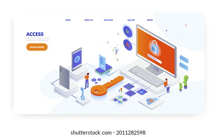 Access, landing page design, website banner vector template. Secure password login information to access apps, accounts.