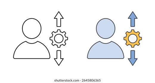 Access level change icon with user, up and down arrows, and gear, in outline and color styles, ideal for illustrating permission adjustments, role changes, and IT account management workflows.