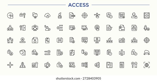 Access line icon set. Featuring id, identification, key, security and more. Access Control icon set. Outline icons pack. Vector illustration in modern line style.