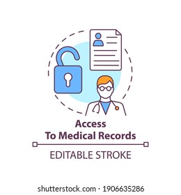 Access to medical records concept icon. Different information about employee health status. Medical care idea thin line illustration. Vector isolated outline RGB color drawing. Editable stroke