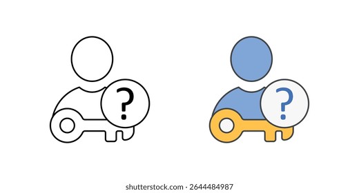 Access permission request icon with user, key, and question mark, in outline and color styles, ideal for visualizing access requests, role assignment, and IT approval workflows during employee onboard