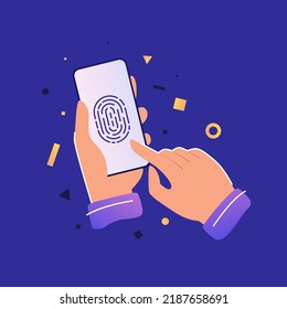 Access to personal information on the phone by fingerprint. Hands hold smartphone vector illustration. Private data is closed from public use. Personal data protection rules in mobile applications.