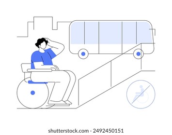 Problemas de acceso a Ilustraciones vectoriales de dibujos animados aisladas. Hombre discapacitado lucha con subir escaleras, personas en silla de ruedas, problemas de rampa, ciudad accesible, entorno sin barreras Vector de dibujos animados.