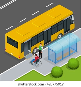 Access Ramp For Disabled Persons And Babies In A Bus.  Driver Helping Man Enter Into The Transport Via Wheelchair Ramp. Flat 3d Vector Isometric Illustration.