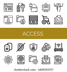 access simple icons set. Contains such icons as Password, Car key, Secure, Web, Blinds, Wheelchair, Fingerprint scan, Data synchronization, can be used for web, mobile and logo
