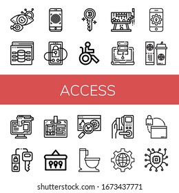 access simple icons set. Contains such icons as Eye scan, Web, Fingerprint, Security, Key, Disabled, Raffle, Access, Password, Ticket, Online robbery, can be used for web, mobile and logo